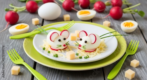 Wallpaper Mural Adorable boiled egg mice playfully arranged on a vibrant green plate with radish ears, cheese nests, and fresh chives; whimsical children's food photography. Torontodigital.ca