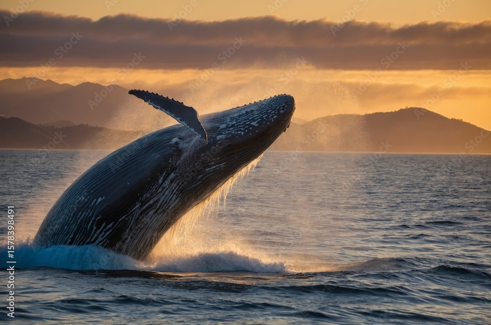 Fototapeta premium Blue Whale Breaches at Golden Pacific Sunset