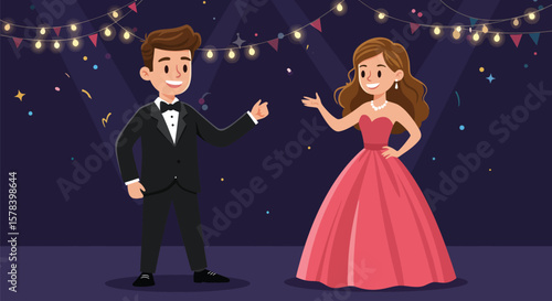 Animated couple enjoying a party night with decorative lights and a festive atmosphere