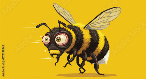 Cartoon Bee with Exaggerated Eyes on a Vibrant Yellow Background Depicting Fear