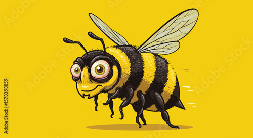 Whimsical illustration of a buzzing cartoon bee against a vibrant yellow backdrop