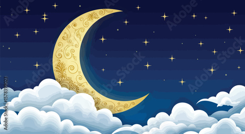 An enchanting illustration of a serene night sky with a crescent moon and stars displayed
