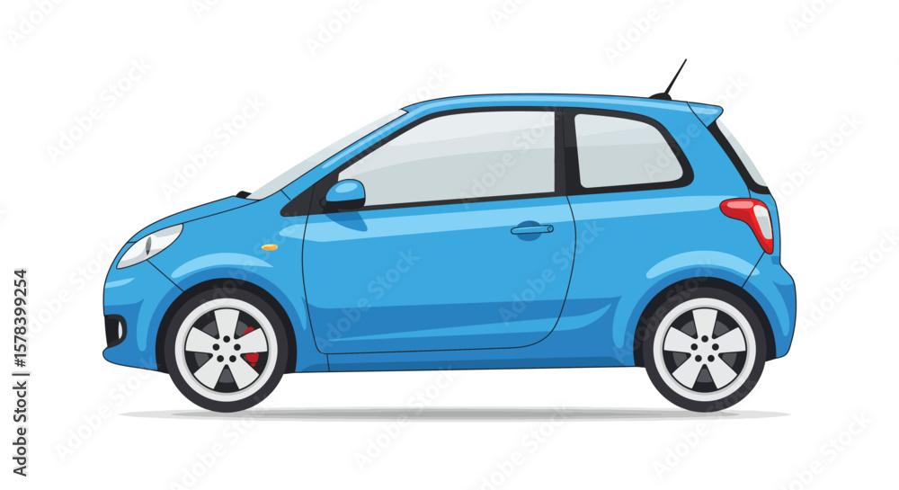 Obraz premium Illustration of a Vibrant Blue Compact Car Isolated on a Pristine White Backdrop