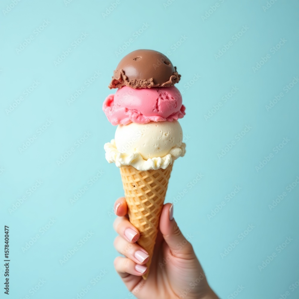 A delightful trio of vanilla, strawberry, and chocolate ice cream scoops in a cone with blue background A delightful trio of vanilla, strawberry, and chocolate ice cream scoops in a cone with blue background