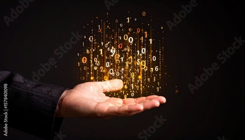 A composition with numerous numbers and data lines pouring like light onto a hand on a dark background
