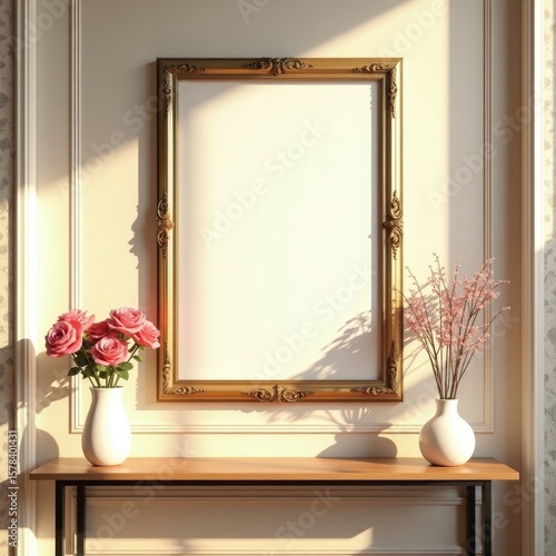 Elegant Gold Frame Mockup Interior Design Wall Decor Empty Frame Sunlit Room Vase Flowers Roses Branches