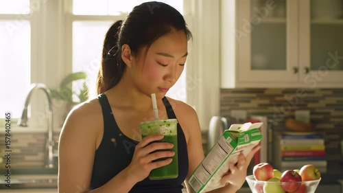 Young woman in a kitchen, sunlight streaming in, drinks a green smoothie from a cup with a straw while reading the nutrition facts on a cereal box.  Apples in a bowl nearby