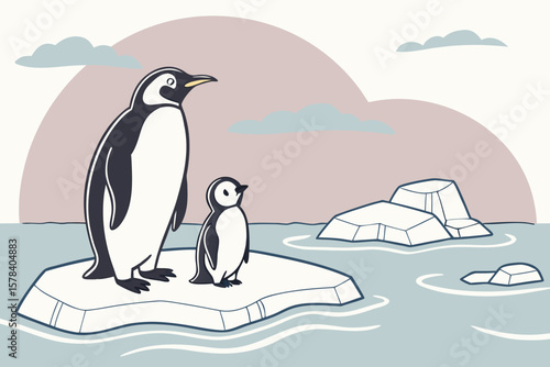 Penguin family standing on an iceberg with clouds and ice floes in the arctic landscape view