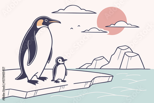 Two penguins standing on an ice floe with a sun and clouds in the background in a minimalist style