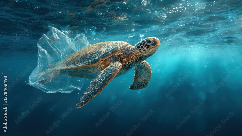 Obraz premium A sea turtle gracefully swims underwater, showcasing the beauty of marine life and the impact of ocean pollution.