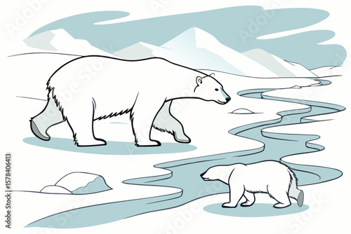 Two polar bears walking on the ice near water with mountains in the background on a winter day scene