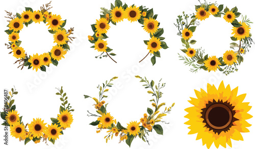 Sunflower floral wreaths and arrangements decorative elements for invitations and designs