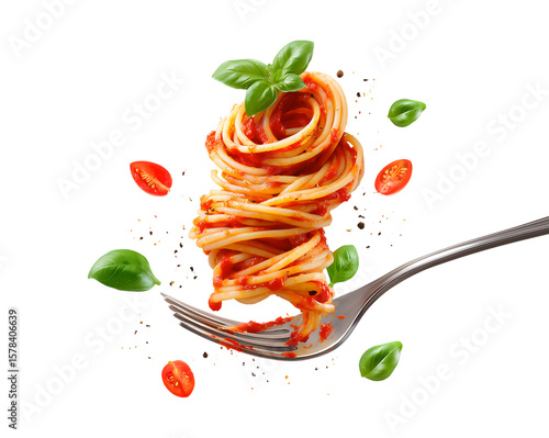 A fork with spaghetti, tomato sauce, and basil floating in the air isolated on a transparent background