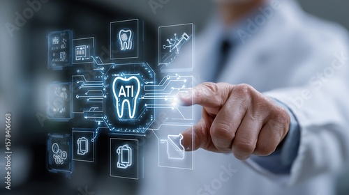 Doctor interacting with futuristic AI dental interface featuring glowing tooth icon and medical symbols representing advanced diagnostics