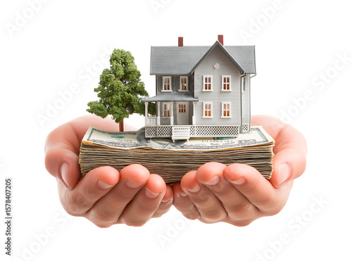 Hands holding houses and money for investment or real estate isolated on a transparent background