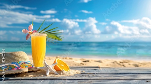 Wallpaper Mural Refreshing tropical drink on a sunny beach with turquoise sea backdrop creating a serene coastal escape Torontodigital.ca