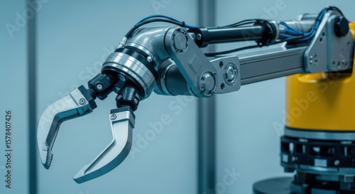 Advanced robotic arm with metallic precision gripper for automated industrial assembly and manufacturing processes in high tech engineering environments