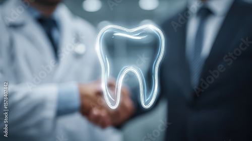 Doctor and business professional shaking hands with glowing virtual tooth icon representing dental partnership and healthcare collaboration