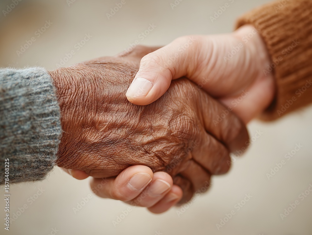 Fototapeta premium Interracial handshake between elderly and younger person, showing unity and support