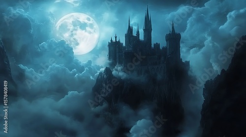 Mysterious floating castle under moonlight