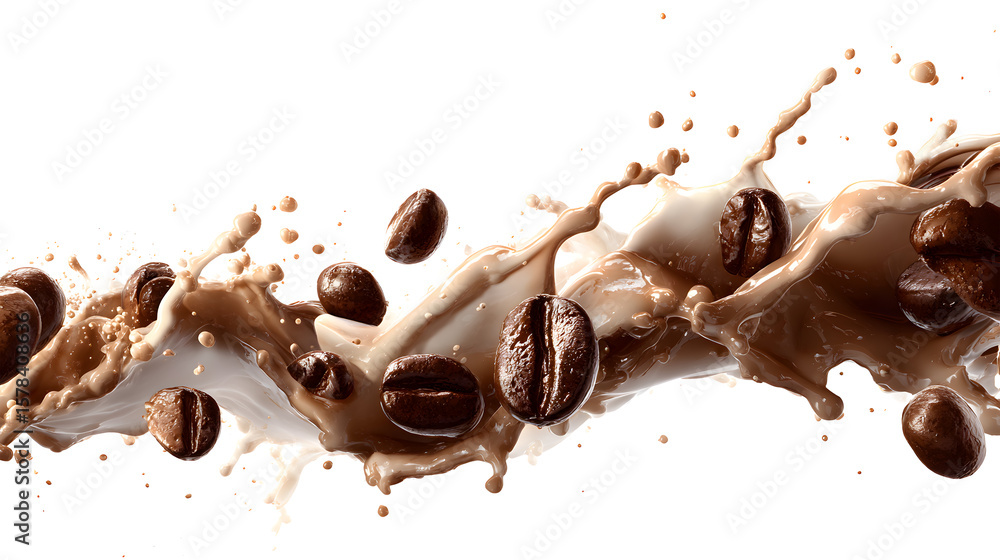 Fototapeta premium A splash of milk with coffee beans floating in it