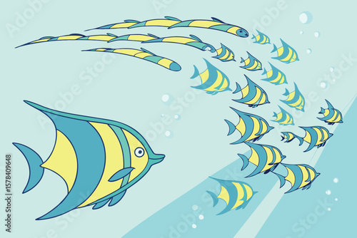 Cartoon illustration of a school of fish with blue and yellow stripes swimming in light blue water