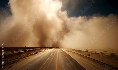 Wallpaper Mural Massive dust storm approaching a desert highway under a dark, ominous sky, illustrating extreme weather and environmental challenges. Torontodigital.ca