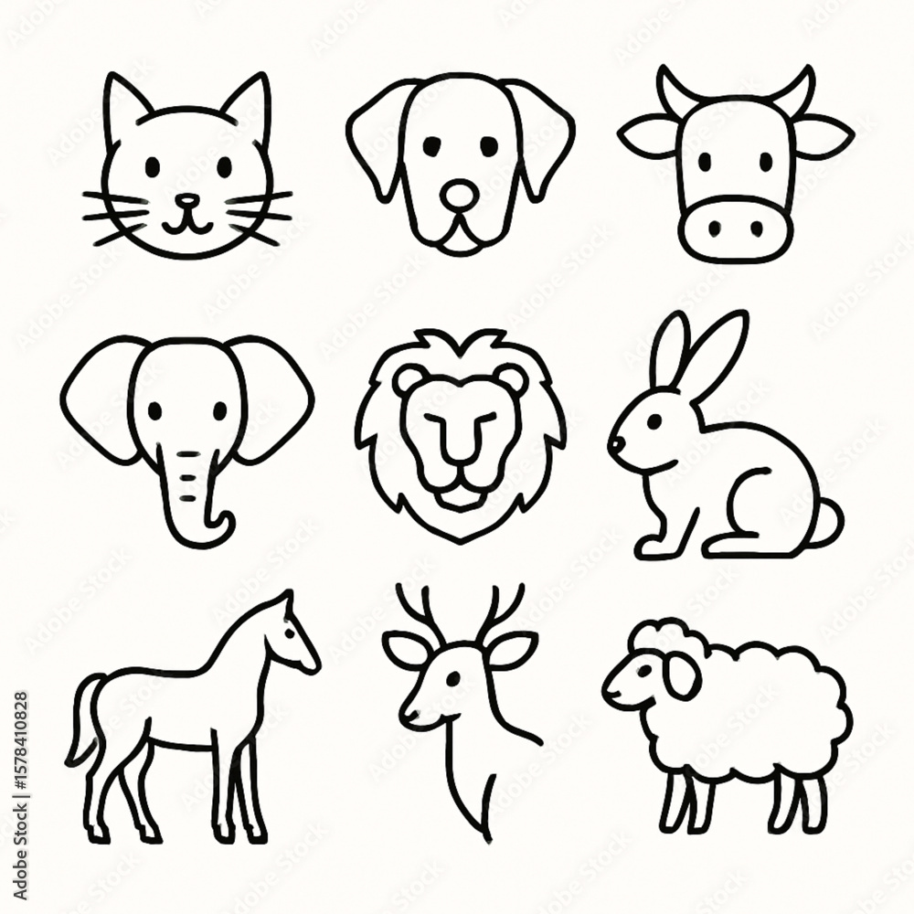 Obraz premium Explore a delightful set of animal icons featuring cats, dogs, and elephants. Perfect for children’s books, wildlife designs, and educational materials. High-quality vector art with a minimalist, char