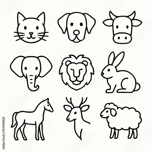 Explore a delightful set of animal icons featuring cats, dogs, and elephants. Perfect for children’s books, wildlife designs, and educational materials. High-quality vector art with a minimalist, char