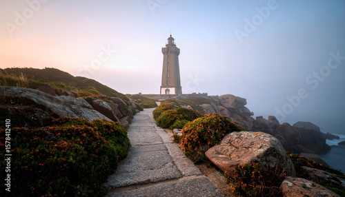 Phare de Pontusval Lighthouse in Brittany France at Sunrise.