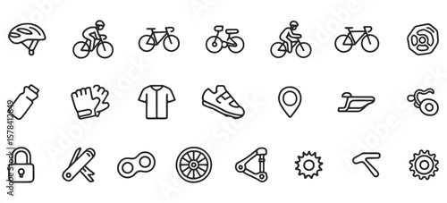 Bicycle Line Icons Pack – Unique Cycling Outline Symbols of Bikes, Riders, Helmets, Accessories & Bike Parts for Sports, Outdoor Activity, UI & Graphic Design Projects