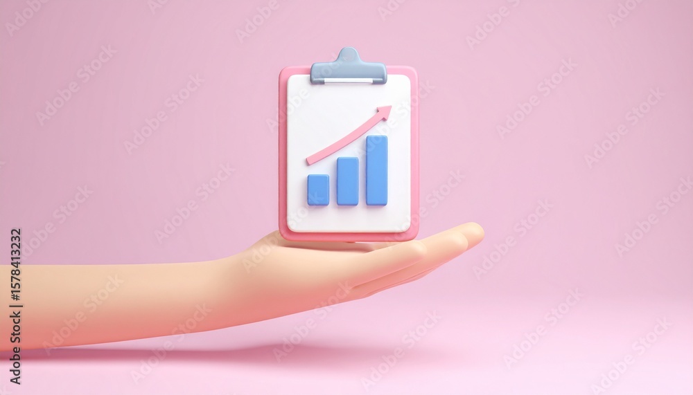 Naklejka premium 3D clipboard + graph combination icon floating above a hand