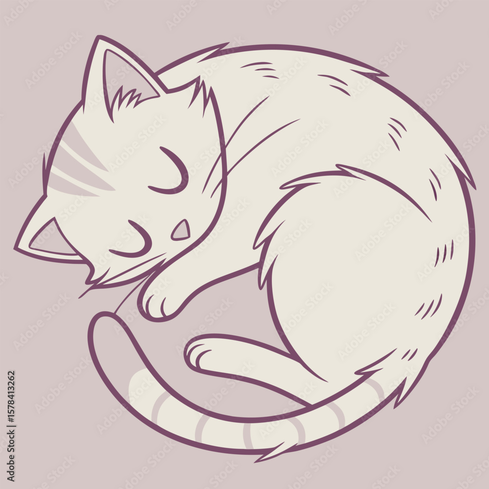 Fototapeta premium Illustration of a curled up sleeping cat with stripes on its head and tail on a light purple background