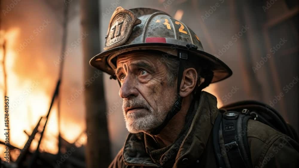 Firefighter's Courage: A Veteran's Gaze Amidst Inferno's Fury Firefighter's Courage: A Veteran's Gaze Amidst Inferno's Fury