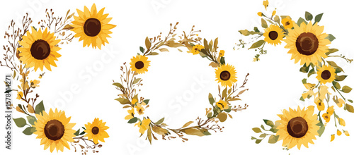 Watercolor Sunflower Floral Arrangement with Wreath for Autumn and Summer Designs