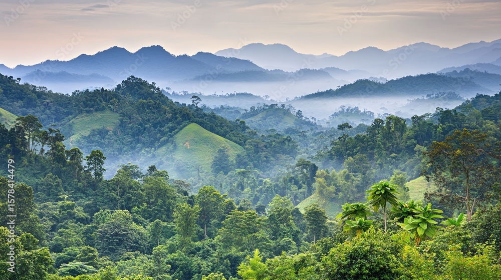 Fototapeta premium Misty Mountain And Green Forest Scenery