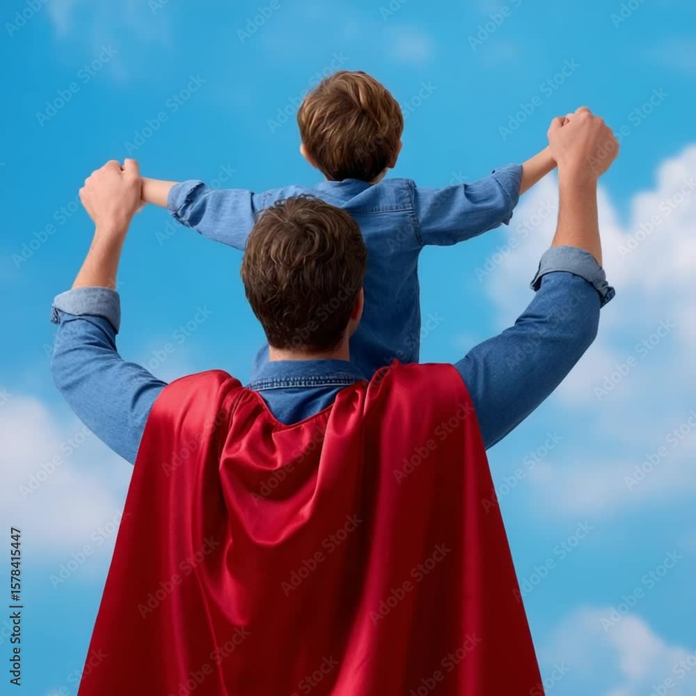 Superhero Dad: A heartwarming scene capturing a child's boundless imagination and the protective embrace of fatherhood, framed against a bright blue sky. Superhero Dad: A heartwarming scene capturing a child's boundless imagination and the protective embrace of fatherhood, framed against a bright blue sky.