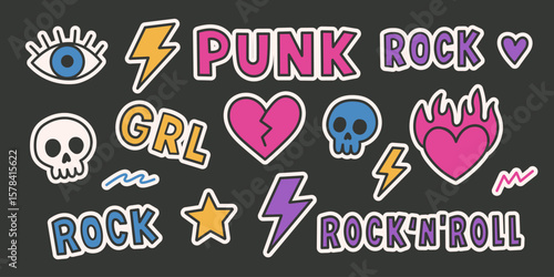 Colorful Punk Rock Stickers with Skulls, Hearts, Lightning, Eyes, and Stars for Tattoo and Rock n Roll Lovers