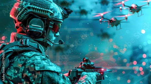 neon soldier wearing cybernetic armor hacking a drone swarm on soldier .