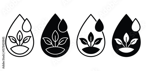 Hydroponics Certified Icons Black and White Water Drop Plant Growth Symbols Vector Design