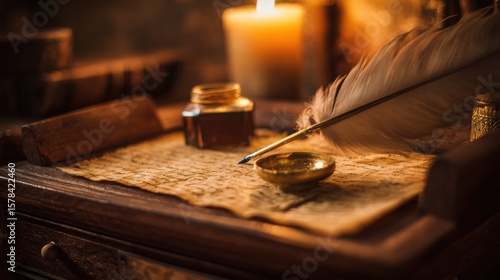 Vintage desk setup with a feather quill and inkwell on aged parchment.
