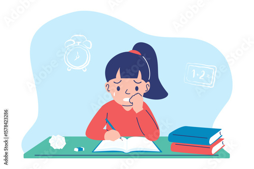 A stressed and anxious student feels overwhelmed by academic pressure while studying for an exam with a looming deadline