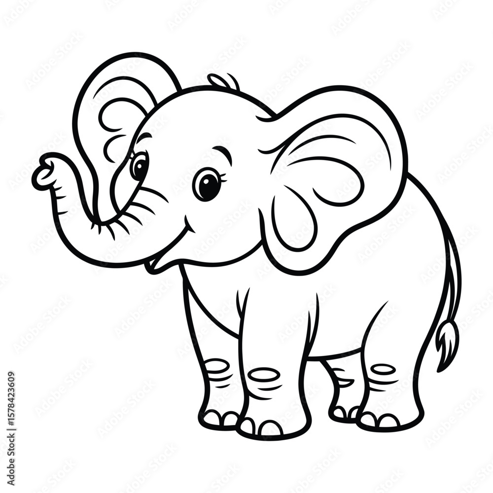 Fototapeta premium Elephant Coloring Page, Vector, Illustration, Icon, Outline, Line Art, Silhouette, White Background.