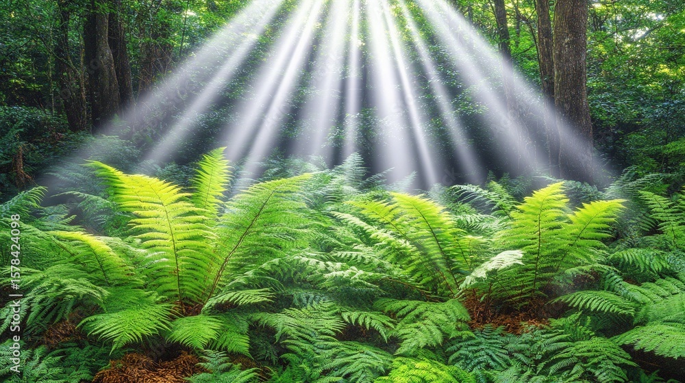 Obraz premium Sunlight Illuminates Lush Green Plants in a Forest