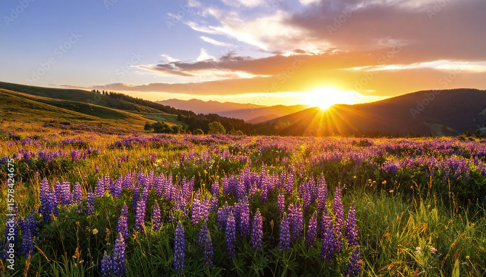 Obraz premium Sunset over meadow filled with purple wildflowers and green grass on rolling hills