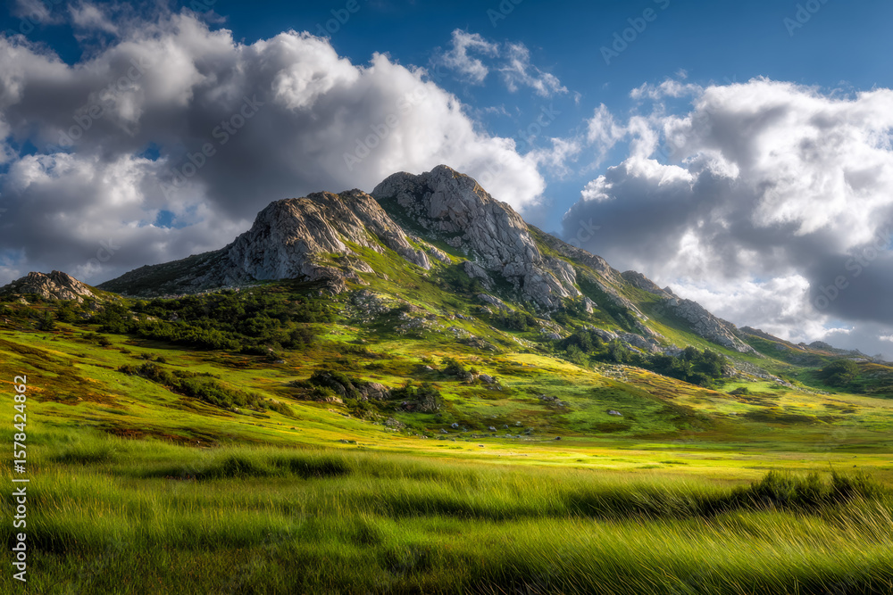 Fototapeta premium Majestic mountain landscape with lush green meadows under a partly cloudy sky