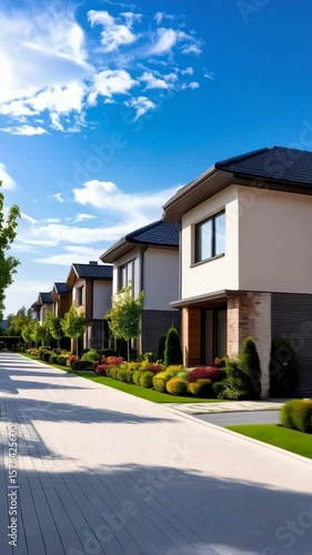 Row of modern two-story houses with landscaped yards on a clear sunny day in residential neighborhood with blue sky and scattered clouds.