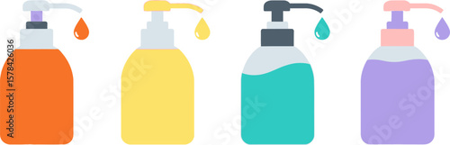 Four colorful pump bottles dispensing liquid drops on a white background
