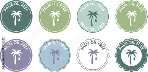 Collection of palm oil free certification labels with different colors and styles