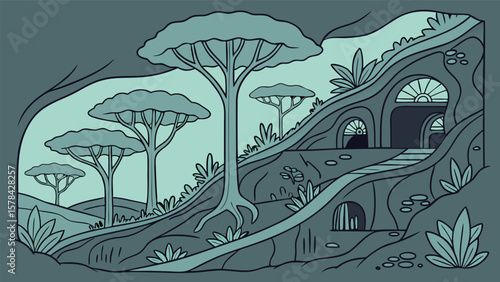 Illustration of landscape with trees, foliage, and hobbit like houses built into a hillside scene